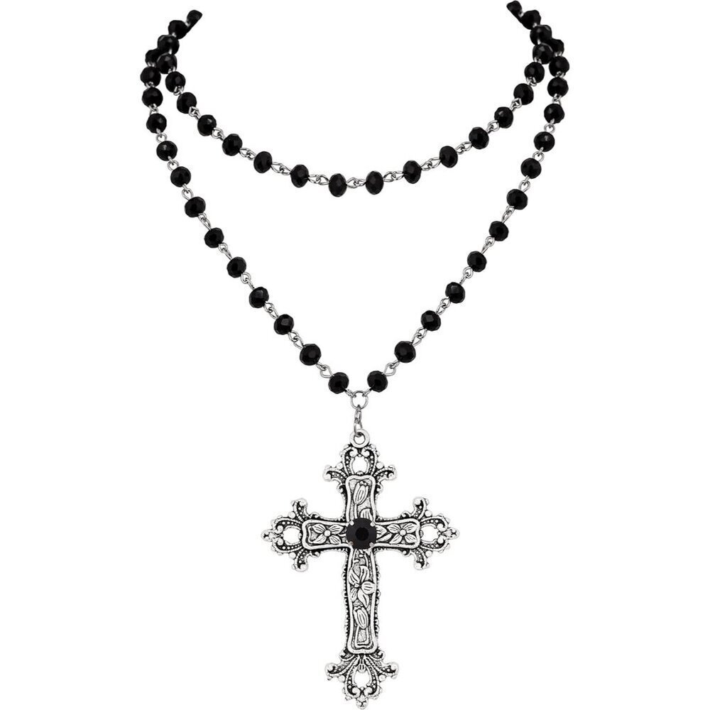 Gothic Beaded Cross Necklace Y2K Layered Black Onyx Jewelry Gift